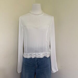 SELFIE White Lace Trim Mock Neck Long Sleeve Tie Back Blouse Large